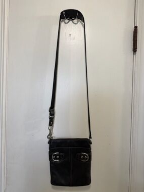 Coach Black Leather Crossbody with Buckle Accents and Silver Hardware